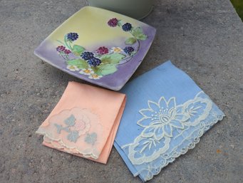 Vintage Hand-painted Blackberry Porcelain Riser Tray 6 In, Two Vintage Embroidered Linen Handkerchiefs