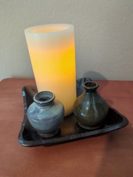 Candle & Pottery Decor -  6' Gunmetal Pottery Dish, 5-in Electric Pillar Candle, 2 Small Pottery Vessels 3 In