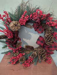 20-In Decorative Christmas Wreaths With Berries And Checkered Ribbon
