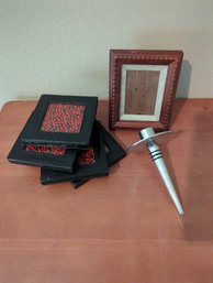 Small Decor Lot Including 4x5 Wooden Frame, Leather Bound Coasters, Wine Bottle Stopper/candle Holder