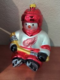 6-In Blown Glass Snowman Red Wings, Hockey Player Christmas Ornament