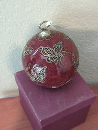 Stunning 3-in Metal Cage And Enamel Butterfly And Red Crimson Christmas Ball Decor
