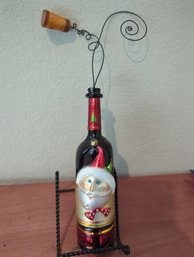 8-In Tall Blown Glass Santa Wine Bottle With Cork Decor- Does Not Stand On Own