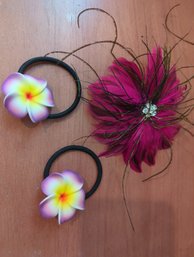 Two Hawaiian Flower Hair Ties And 4-in Hot Pink Feather Hair Clip