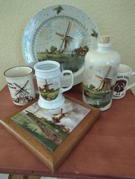 Vintage Windmill Themed Stoneware Including Three Mugs Cork Jug, 10-in Plate And 8-in Trivet 0