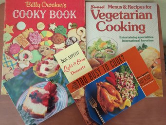 Four-Piece Vintage Cookbooks Including Betty Crocker Cooky Book, Vegetarian Cooking, Light, Easy Desserts Et