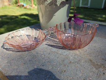 2 Pc Pink Depression, Glass Anchor Hocking Oyster And Pearl  5' Bowl And 5' Small Nappy