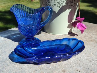 Fostoria Glass Cobalt Blue Mount Vernon Pitcher Creamer - 5 In Tall & Cobalt Glass Serving Dish 8' Long