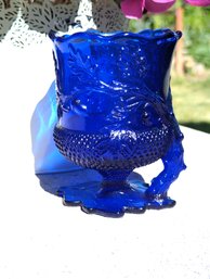 Cobalt Blue Glass Oak Leaves And Acorns Spooner Vase - 4 In Wide And 5.25 In Tall