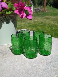 Five-Piece Charming Set Of Small Green Glass Tumblers Measure 3.5 Tall By 1.25 Wide