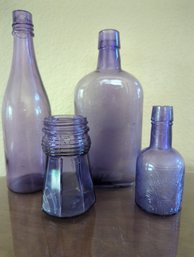 Beautifully Purpled Antique Glass Bottles 4 Pc - Small Monogram Whiskey Bottle And Forest Brothers Screw Top