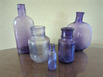 Five-Piece Antique Sun Purpled Bottles - Medicine Bottle Round Flat, Two Wide Shorts & Tiny 2.5' Bottle