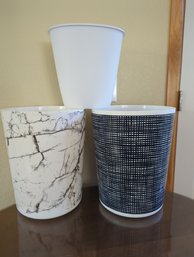 Three Black And White Trash Cans- One Faux Marble One Black And White Weave One Small Standard