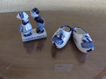 Two Pieces Of Miniature Delft Blue- Little Boy And Girl From Holland And Tiny Windmill Wooden Shoes
