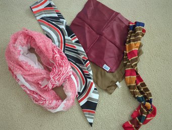 Five-Piece Vintage Scarf Including Red And White Infinity, Two Long Hair Pony Scarves, Two Vintage 16-in Squar
