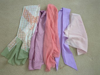 Three Vintage Long Tie Hair Scarves And One Baby Pink 20x20 Vintage Silk