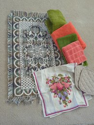 Various Peach And Green Linens - Small Rug, 2 Larger Towels, 2 Hand Towels, 2 Pads , Vintage Kitchen Towel