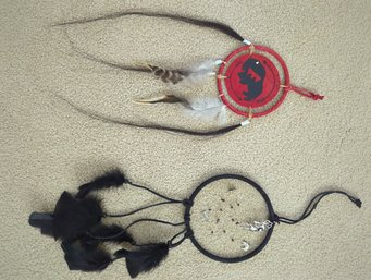 Dreamcatchers- Black Kokopelli With Feathers And Red Leather Buffalo