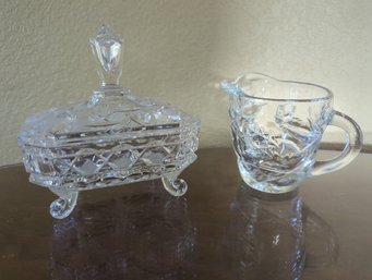 Cut Crystal Trinket Box And Small Glass Creamer   Box Is 5 In By 4 In