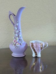 7-In Porcelain Capodimonte Lily Of The Valley Pitcher And Small 2-in Tall China Teacup