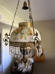 Stunning! Antique Ceiling Mount Glass OIL Lamp With Crystal Chandelier Pendants - 14' Diam!