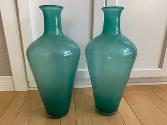 Pair Of Two Blue Green Glass Vases Approximately 15 Inches High And 6 Inches Wide