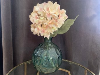 Green Glass Round Vase With Artificial Hydrangea