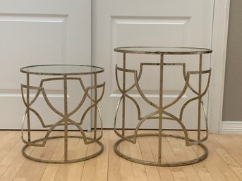 Set Of Two Gold/brass Tone Metal And Glass Decorative Nesting Side Tables