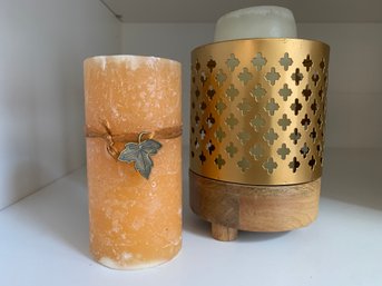 Brass Tone Candle Holder With Wooden Base And Orange/gold Candle With Metal Leaf And Ribbon Accent