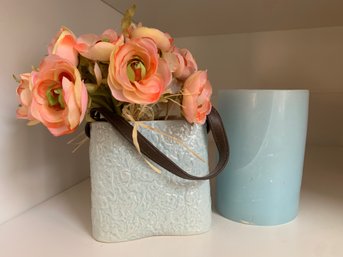 Decorative Blue Basket With Faux Flowers And Blue Candle