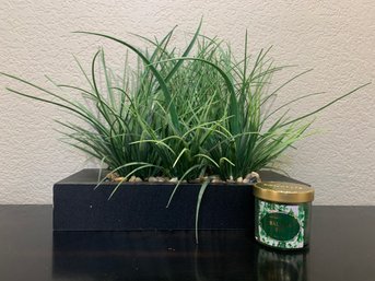 Artificial Greenery In Rectangular Stand With Candle