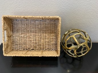 Brass Tone Decorative Sphere And Woven Decorative Basket