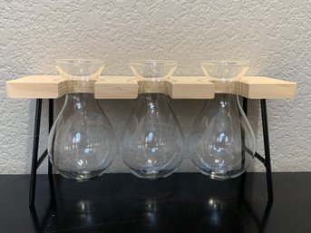 3 Glass Bud Vases In Wooden Stand