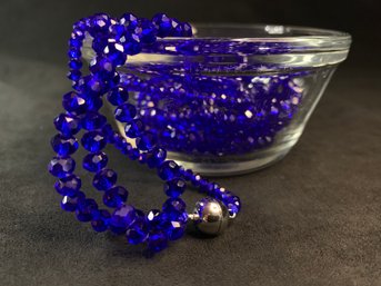 Royal Blue Faceted Glass Bead Triple Strand Necklace With Magnetic Clasps