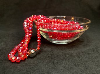 Red Faceted Bead Triple Strand Necklace With Magnetic Clasps