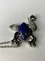 Lapis Lazuli Black And White Austrian Crystal Frog 20 Inch Stainless Steel Necklace