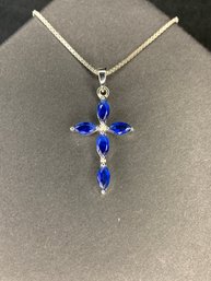Sterling Silver Cross With Blue Accents 925 And Sterling Silver Chain Necklace Marked 925 Italy