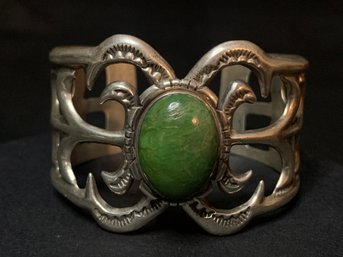 Sterling Silver Cuff Bracelet With Green Accent Stone