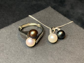 Vintage 14k White Gold Pearl Ring And Necklace