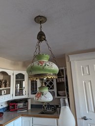 Stunning Antique Ceiling Mounted Hanging Lamp With Painted Glass - Green And White Roses