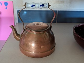 Vintage Copper Teapot With Blue And White Porcelain Handle