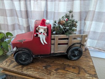RED CHRISTMAS TRUCK DECOR W Reindeer Santa Driver - 19' LONG