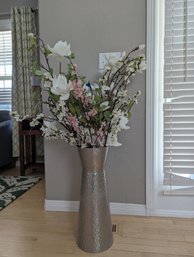 Stunning Giant Hammered Silver Floor Vase With Faux Floral Included, 22' Top Of  Vase, 48' Top Of Florals