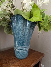 Exquisite Large Glass Handkerchief Style Vase With Beautiful Faux White Florals, Base Is 14'H, Florals  28' H