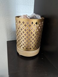 Brass Cutout And Wood Plant Holder Decor, 9 In Tall