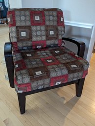 Red Gray Brown Print Side Chair - Wooden Frame W Cushions -  1 Of 2 Pair, Cushions Have Some Wear