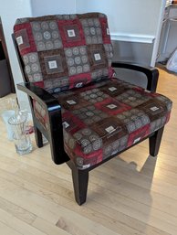 Red Gray Brown Print Side Chair - Wooden Frame W Cushions -  2 Of 2 Pair, Cushions Have Some Wear