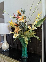 Eye Catching Green Glass Large Vase With Stunning Orange, Yellow Faux Florals- Vase Is 17' Florals Are 42'
