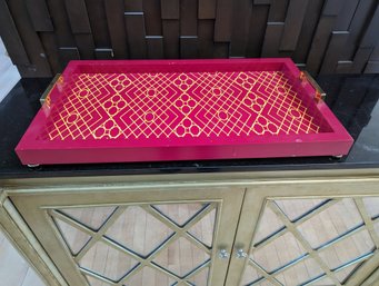 Decorative Red And Gold Handle Decor Tray 24 Inches Wide By 14 In Deep - Has Some Imperfections To Side