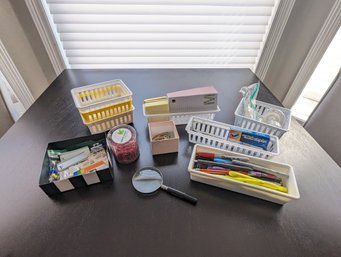 Random Lot Of Desk Supplies - Bins, Pens, Staples, Paper Clips, Etc